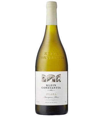 A bottle of Klein Constantia Clare Sauvignon Blanc white wine, featuring a pale green glass bottle, a white paper label with black text, and a white foil capsule at the neck, set against a plain white background.