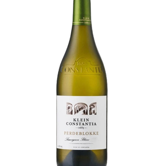 A bottle of Klein Constantia Perdeblokke Sauvignon Blanc white wine, featuring a dark green glass bottle with a white label and a green foil capsule at the neck, set against a plain white background.