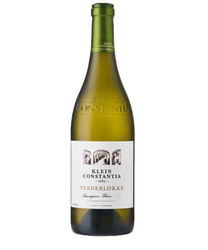 A bottle of Klein Constantia Perdeblokke Sauvignon Blanc white wine, featuring a dark green glass bottle with a white label and a green foil capsule at the neck, set against a plain white background.
