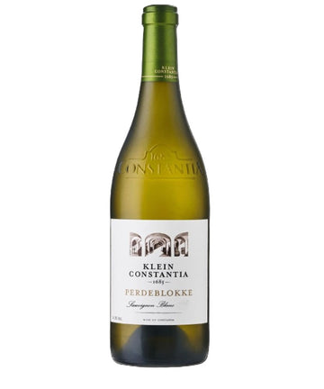 A bottle of Klein Constantia Perdeblokke Sauvignon Blanc white wine, featuring a dark green glass bottle with a white label and a green foil capsule at the neck, set against a plain white background.