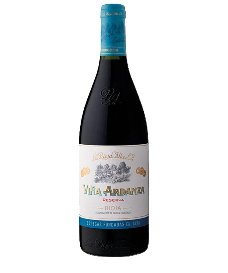 Wine bottle with a blue label on a white background