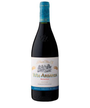 Wine bottle with a blue label on a white background
