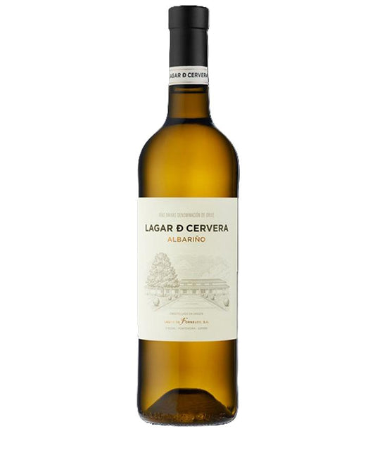 Lagar de Cervera Albariño white wine bottle from Rías Baixas, Spain, premium Spanish Albariño wine with elegant label and golden glass bottle