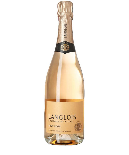 Langlois Crémant de Loire Brut Rosé sparkling wine bottle with gold label and pink foil top