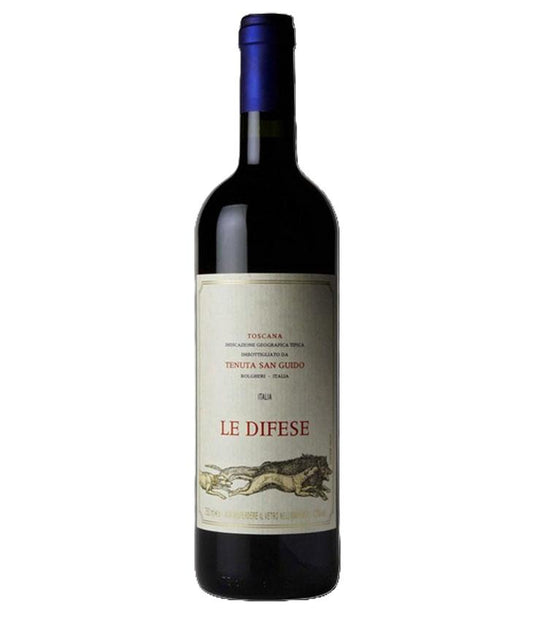 Le Difese 2018 Toscana red wine bottle from Tenuta San Guido, featuring horse and dog label design