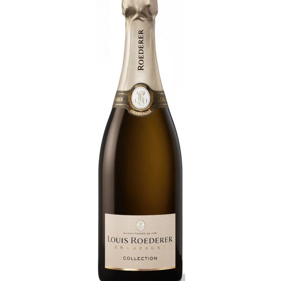 Louis Roederer Collection 246 Champagne bottle with white foil and minimalist label design