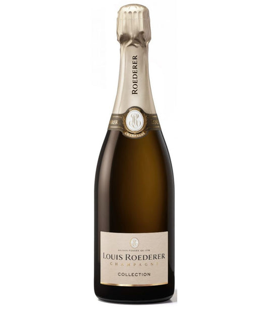 Louis Roederer Collection 246 Champagne bottle with white foil and minimalist label design