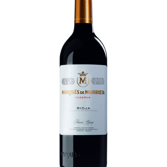 Bottle of Marqués de Murrieta Rioja Reserva 2020 Spanish red wine with white label and gold capsule