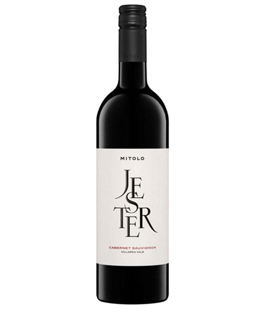 Mitolo Jester Cabernet Sauvignon 2020 wine bottle from McLaren Vale with black screw cap and minimalist white label