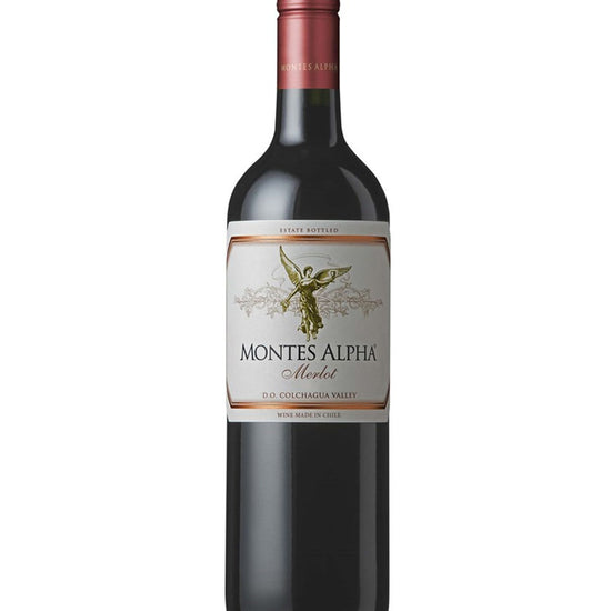 Bottle of Montes Alpha Merlot 2022 red wine from Colchagua Valley with a gold angel emblem on the label.