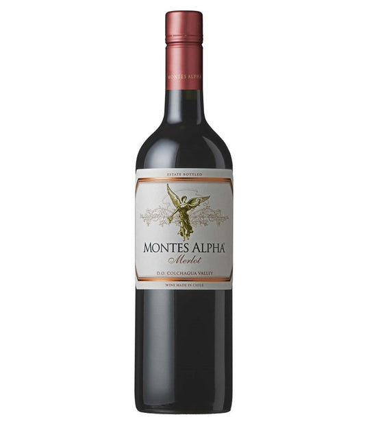 Bottle of Montes Alpha Merlot 2022 red wine from Colchagua Valley with a gold angel emblem on the label.