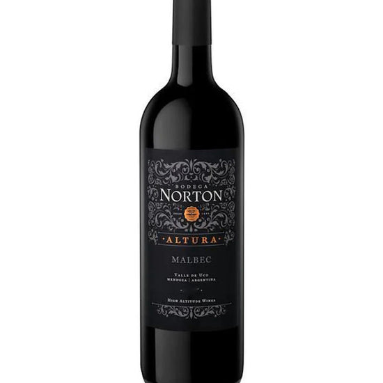 Bottle of Bodega Norton Altura Malbec red wine from Mendoza, Argentina, with black and ornate label.