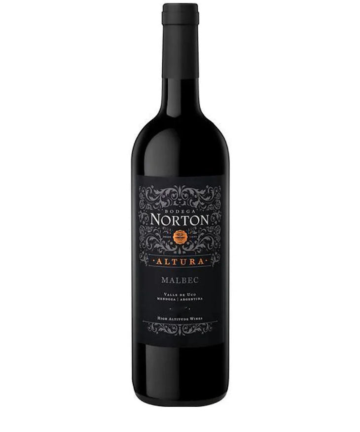 Bottle of Bodega Norton Altura Malbec red wine from Mendoza, Argentina, with black and ornate label.