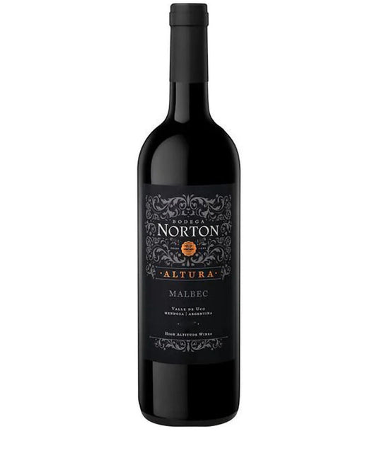 Bottle of Bodega Norton Altura Malbec red wine from Mendoza, Argentina, with black and ornate label.