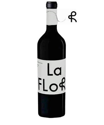 Bottle of Pulenta Estate La Flor Malbec 2023 with a white label featuring bold black typography.