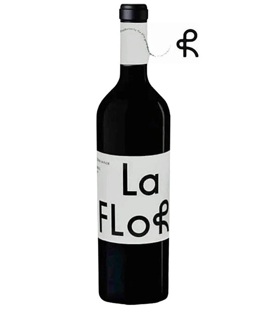 Bottle of Pulenta Estate La Flor Malbec 2023 with a white label featuring bold black typography.