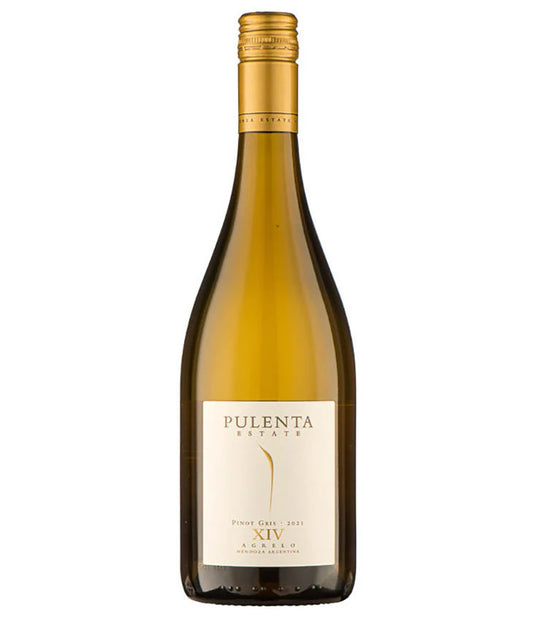 Pulenta Estate Pinot Gris XIV 2021 white wine bottle with gold cap from Agrelo, Mendoza, Argentina