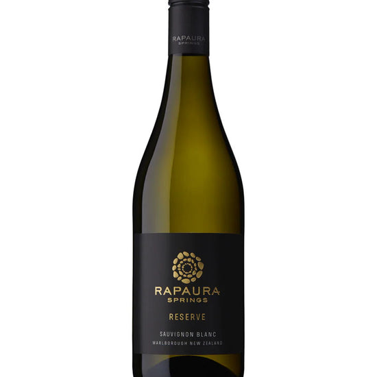 Rapaura Springs Reserve Sauvignon Blanc 2024 wine bottle – award-winning Marlborough white wine with black and gold label.
