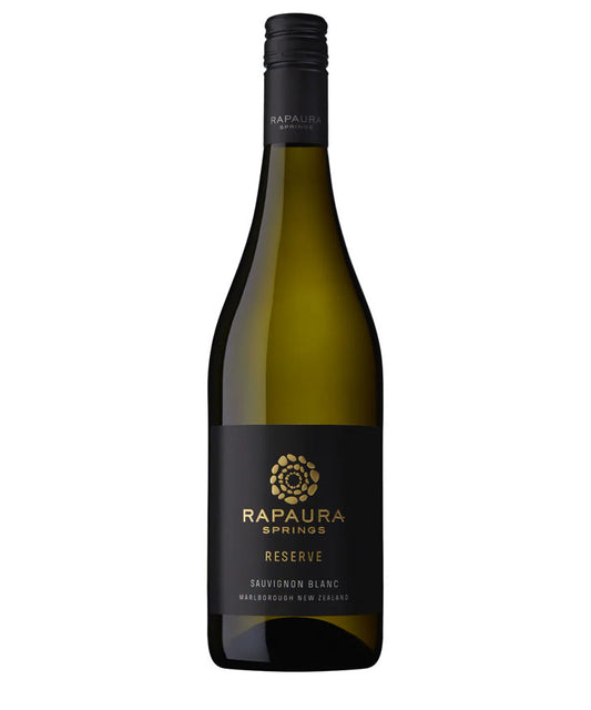 Rapaura Springs Reserve Sauvignon Blanc 2024 wine bottle – award-winning Marlborough white wine with black and gold label.