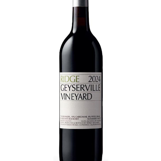 Wine bottle with 'Ridge 2024 Geyserville Vineyard' label on a white background