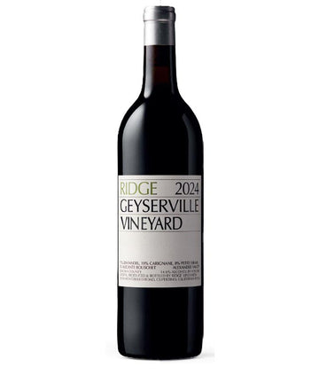 Wine bottle with 'Ridge 2024 Geyserville Vineyard' label on a white background