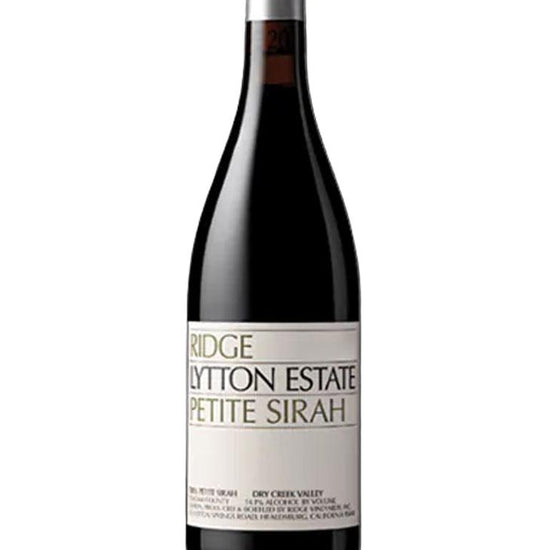 A bottle of Ridge Lytton Estate Petite Sirah red wine against a plain white background.