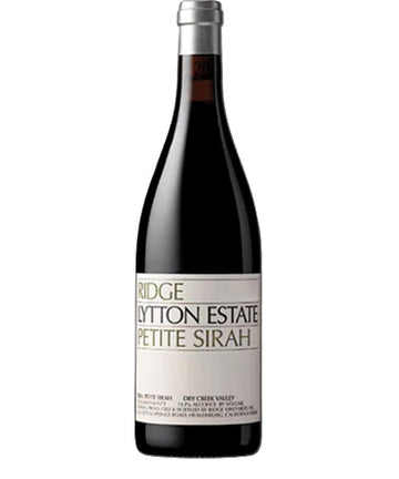 A bottle of Ridge Lytton Estate Petite Sirah red wine against a plain white background.