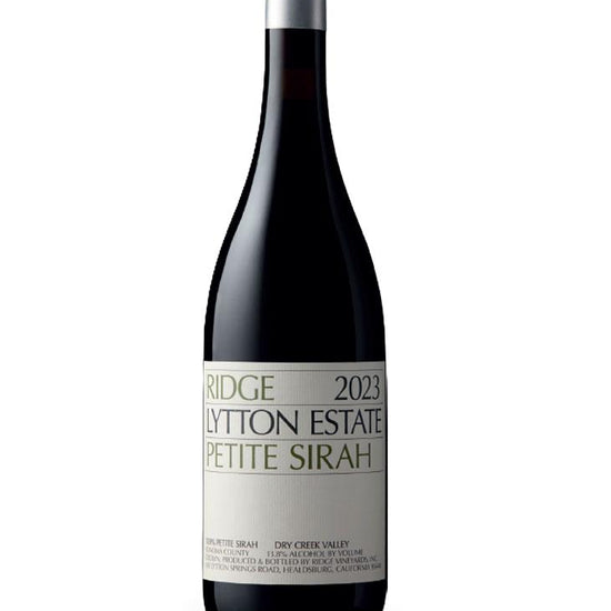 Wine bottle with 'Ridge Lytton Estate Petite Sirah' label on a white background