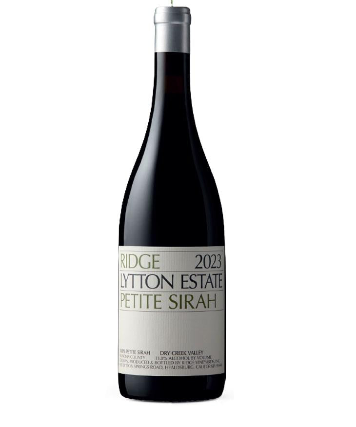 Wine bottle with 'Ridge Lytton Estate Petite Sirah' label on a white background