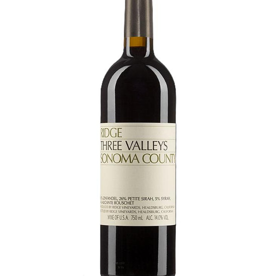 Wine bottle labeled 'Ridge Three Valleys Sonoma County' on a white background