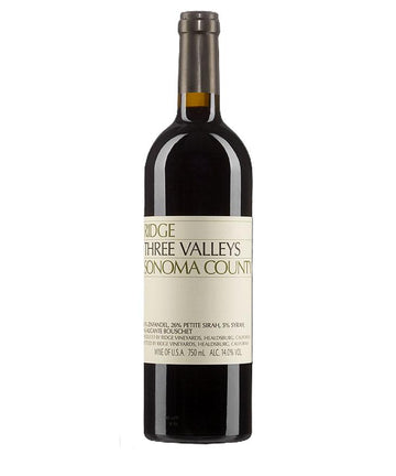 Wine bottle labeled 'Ridge Three Valleys Sonoma County' on a white background