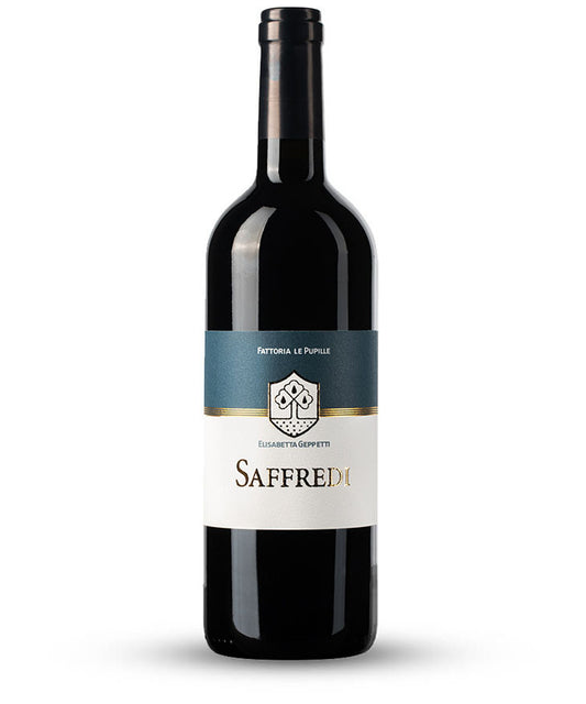 Bottle of Saffredi 2018 red wine by Fattoria Le Pupille – premium Tuscan wine by Elisabetta Geppetti