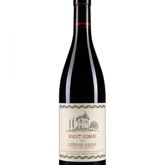 Bottle of Saint Cosme Côtes-du-Rhône 2023 red wine from southern Rhône Valley, France