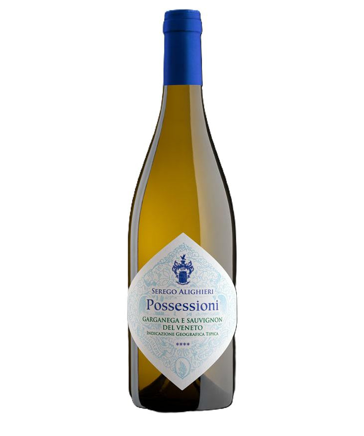 Wine bottle with blue cap and white label on a white background