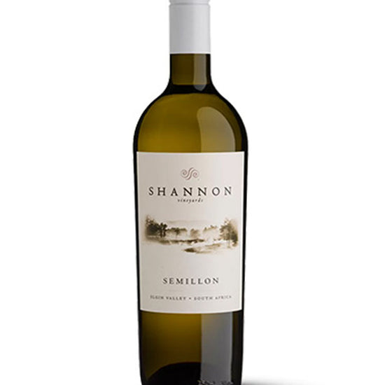 A bottle of Shannon Semillon white wine, featuring a dark green glass bottle with a white screw cap and a cream-colored label with a landscape illustration.