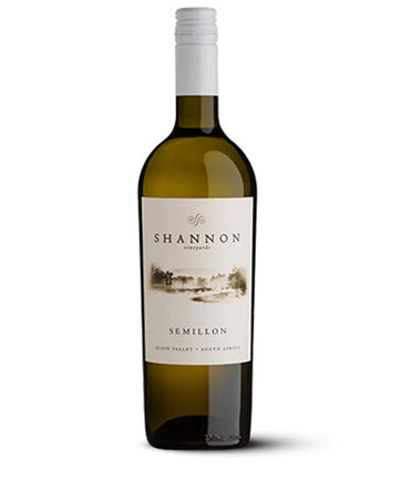 A bottle of Shannon Semillon white wine, featuring a dark green glass bottle with a white screw cap and a cream-colored label with a landscape illustration.