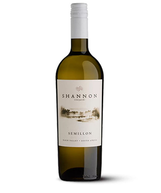 A bottle of Shannon Semillon white wine, featuring a dark green glass bottle with a white screw cap and a cream-colored label with a landscape illustration.