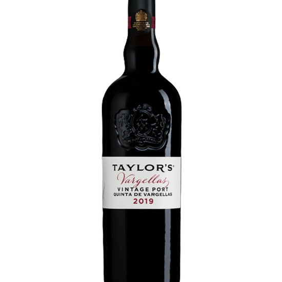 A bottle of Taylor's Valtellars Vintage Port Quinta de Valtellars 2019, featuring a dark glass bottle with a white label and black foil neck wrap, set against a plain white background.