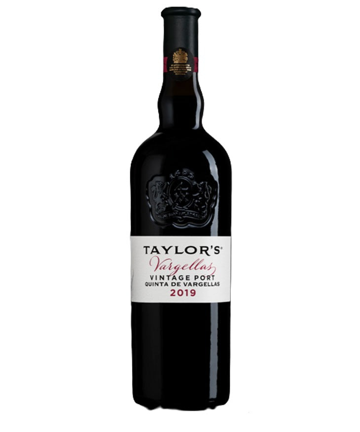 A bottle of Taylor's Valtellars Vintage Port Quinta de Valtellars 2019, featuring a dark glass bottle with a white label and black foil neck wrap, set against a plain white background.