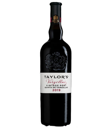 A bottle of Taylor's Valtellars Vintage Port Quinta de Valtellars 2019, featuring a dark glass bottle with a white label and black foil neck wrap, set against a plain white background.