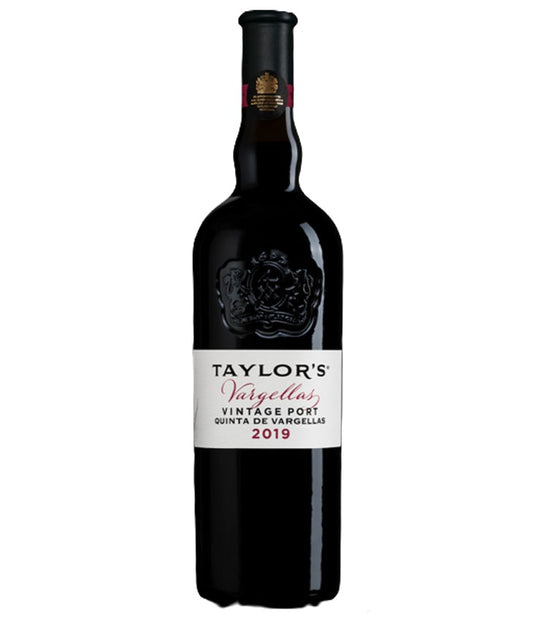 A bottle of Taylor's Valtellars Vintage Port Quinta de Valtellars 2019, featuring a dark glass bottle with a white label and black foil neck wrap, set against a plain white background.