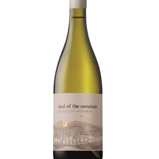 A bottle of Soul of the Mountain, The Matrirach featuring a pale green glass bottle, a cream-colored label with a minimalist mountain illustration, and a white capsule cap, set against a plain white background.