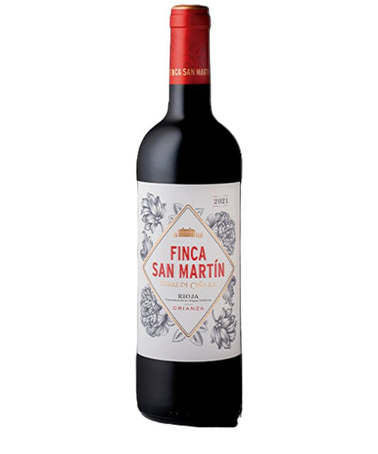 Bottle of Torre de Oña Finca San Martín Rioja Crianza 2021 red wine with floral label and red cap