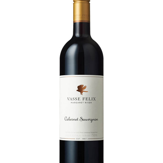 A bottle of Vasse Felix Cabernet Sauvignon red wine, featuring a dark glass bottle, a gold foil capsule, and a cream-colored label with a small brown kangaroo logo.