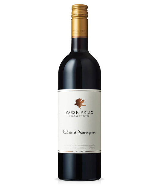 A bottle of Vasse Felix Cabernet Sauvignon red wine, featuring a dark glass bottle, a gold foil capsule, and a cream-colored label with a small brown kangaroo logo.