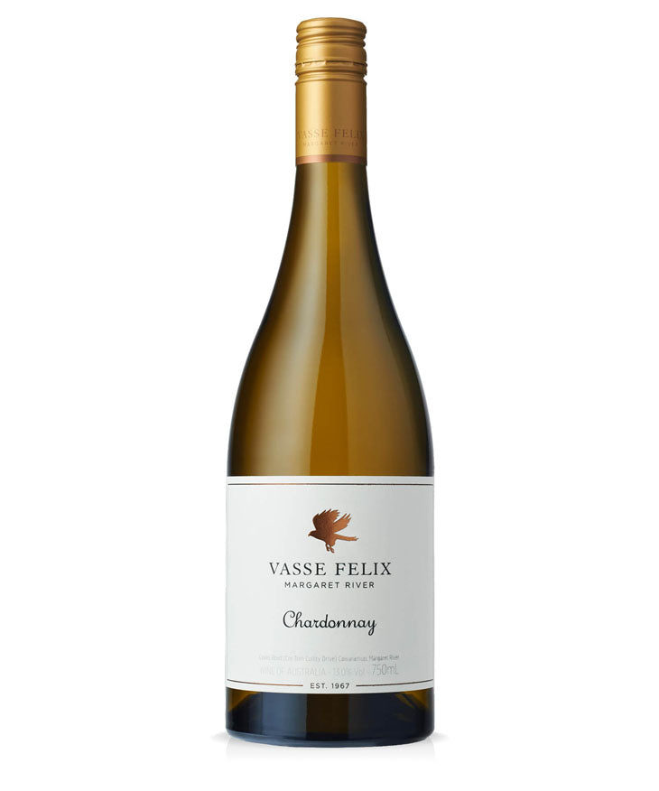 A bottle of Vasse Felix Margaret River Chardonnay white wine, featuring a gold foil-wrapped neck, a dark green glass bottle, and a white label with a brown bird logo.