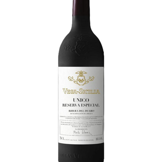 Vega Sicilia Unico Reserva Especial wine bottle on a white background