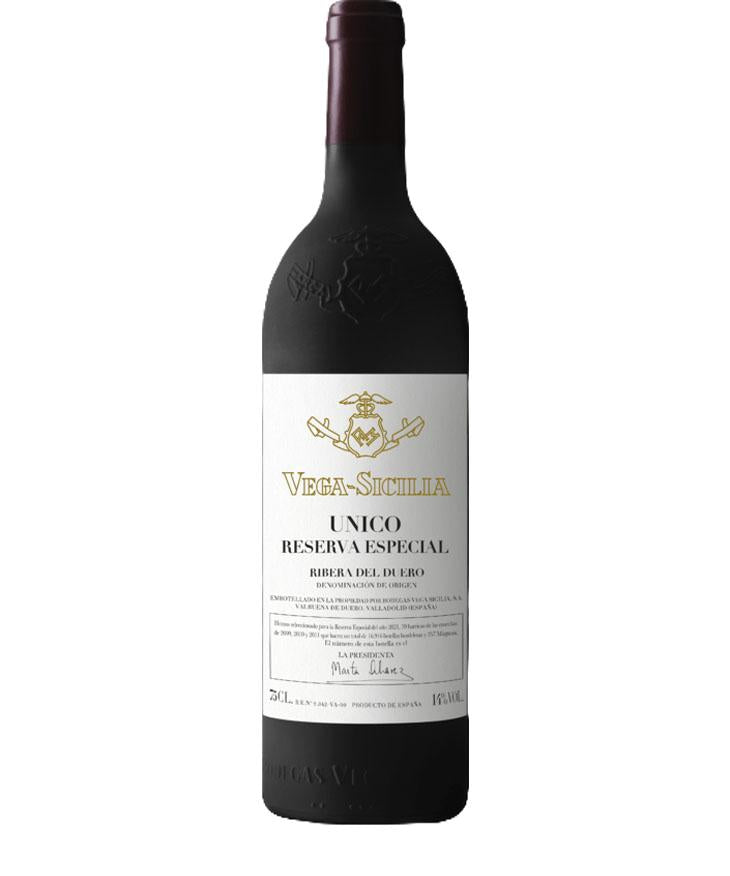Vega Sicilia Unico Reserva Especial wine bottle on a white background