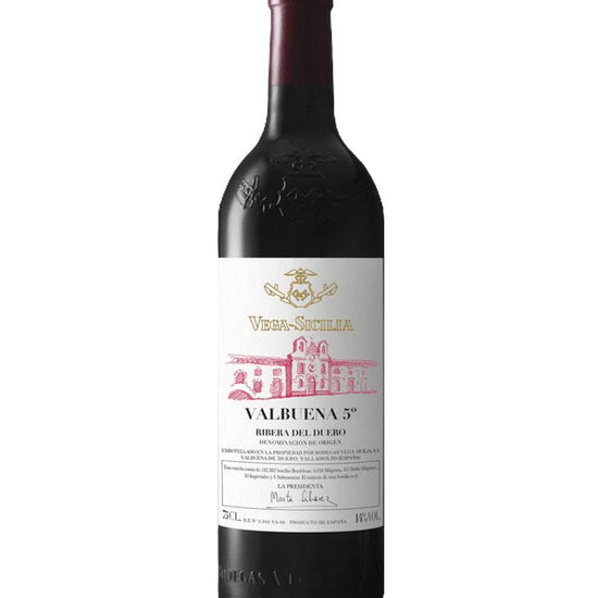 Bottle of Vega Sicilia Valbuena 5º 2020 Ribera del Duero red wine – elegant Spanish wine aged five years by Vega Sicilia.