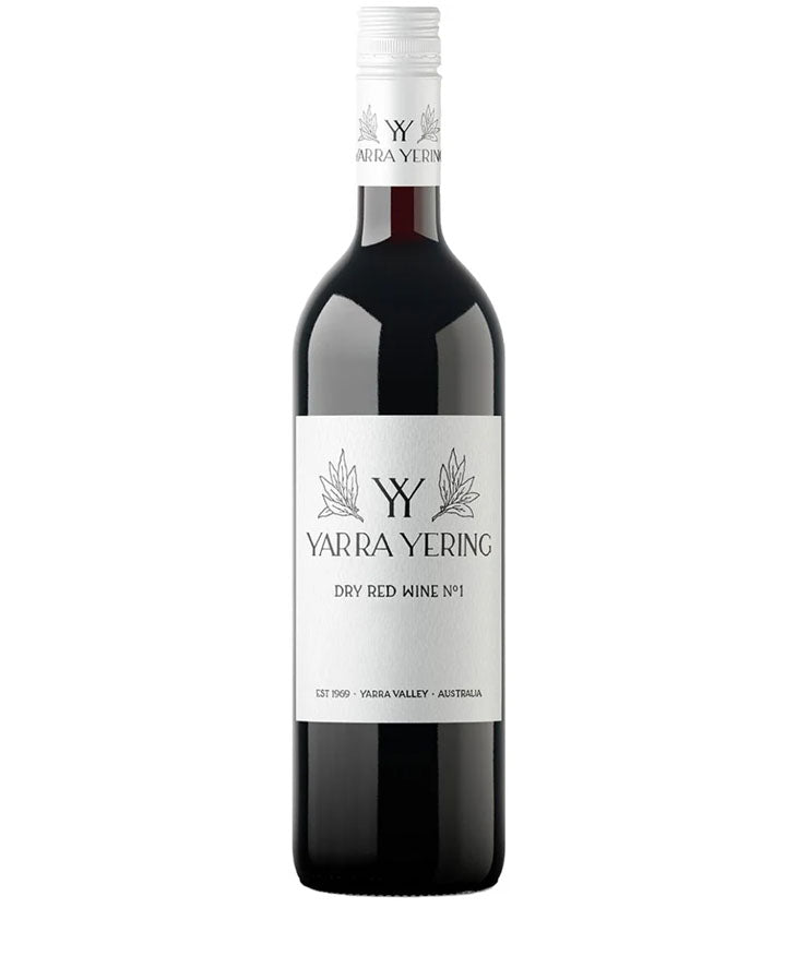 Bottle of Yarra Yering dry red wine on a white background